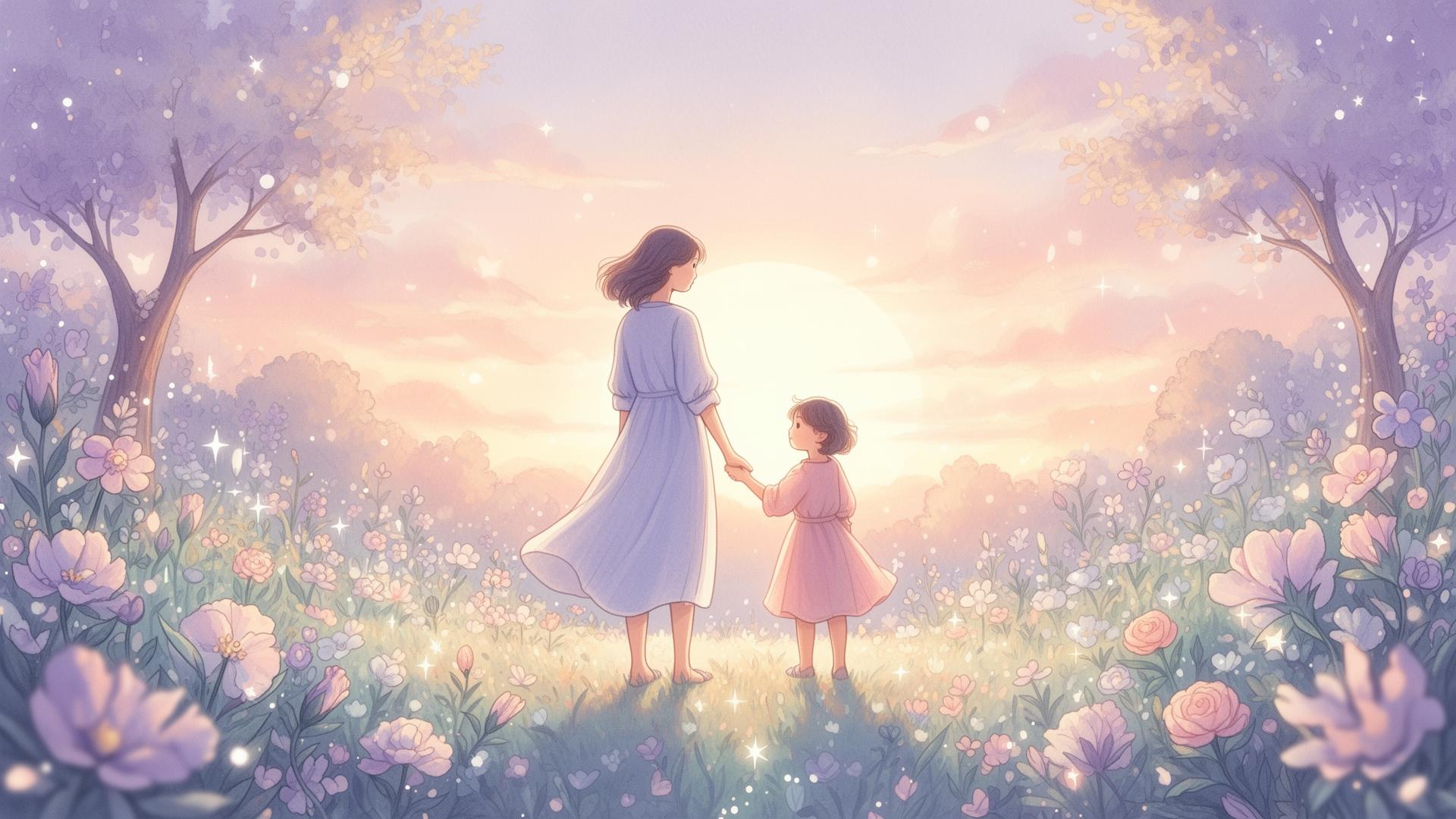 Parent and child in a magical garden